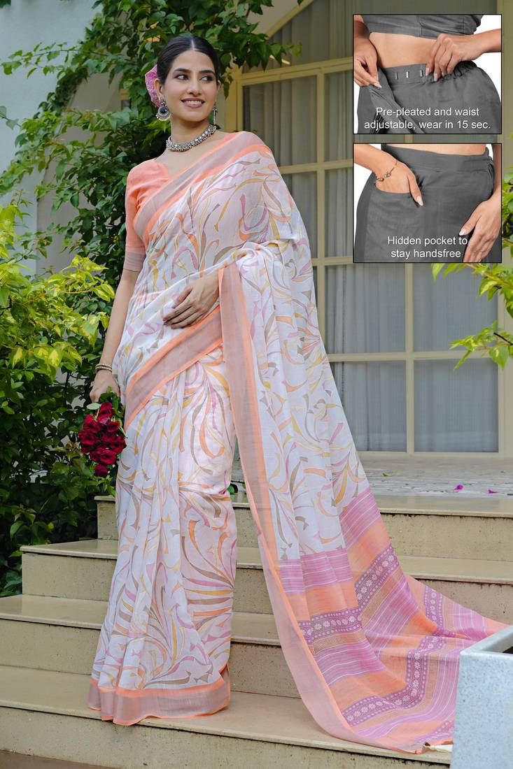 cotton blend geometric print ready to wear saree with pocket white