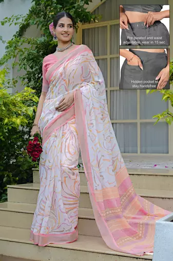 cotton blend geometric print ready to wear saree with pocket white