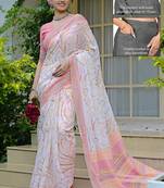 cotton blend geometric print ready to wear saree with pocket white