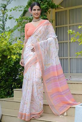 cotton blend geometric print ready to wear saree with pocket white 3