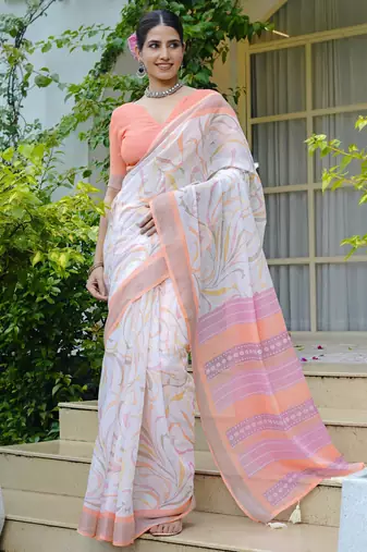 cotton blend geometric print ready to wear saree with pocket white