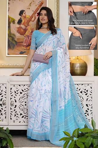 cotton blend geometric print ready to wear saree with pocket white