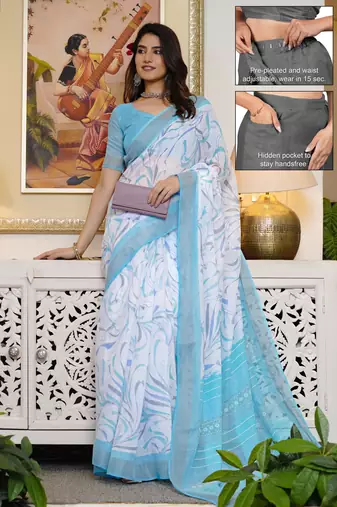 cotton blend geometric print ready to wear saree with pocket white