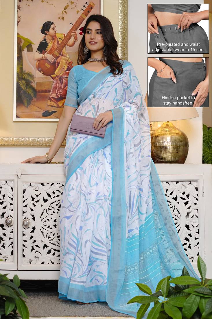 cotton blend geometric print ready to wear saree with pocket white