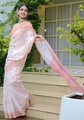 cotton blend geometric print ready to wear saree with pocket white 5