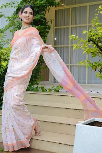 cotton blend geometric print ready to wear saree with pocket white