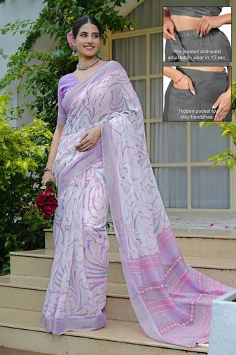 cotton blend geometric print ready to wear saree with pocket white