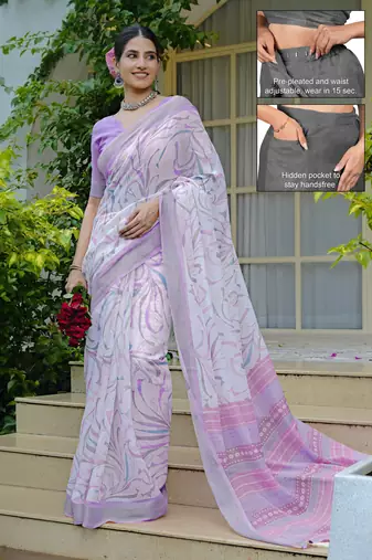 cotton blend geometric print ready to wear saree with pocket white