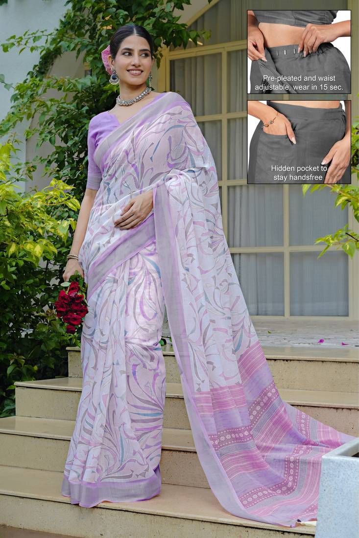 cotton blend geometric print ready to wear saree with pocket white