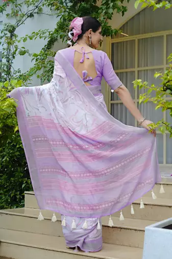 cotton blend geometric print ready to wear saree with pocket white