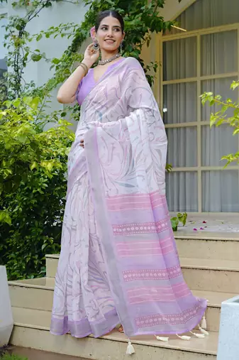 cotton blend geometric print ready to wear saree with pocket white