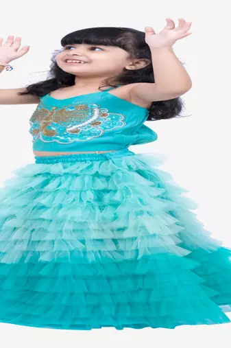 Elaisha woven sleeveless placement embroidered top with net lehenga-blue