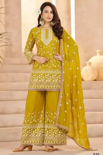 mustard yellow georgette cotton thread sequins work palazzo set -Full Stitched Free size