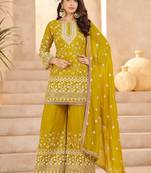 mustard yellow georgette cotton thread sequins work palazzo set -Full Stitched Free size
