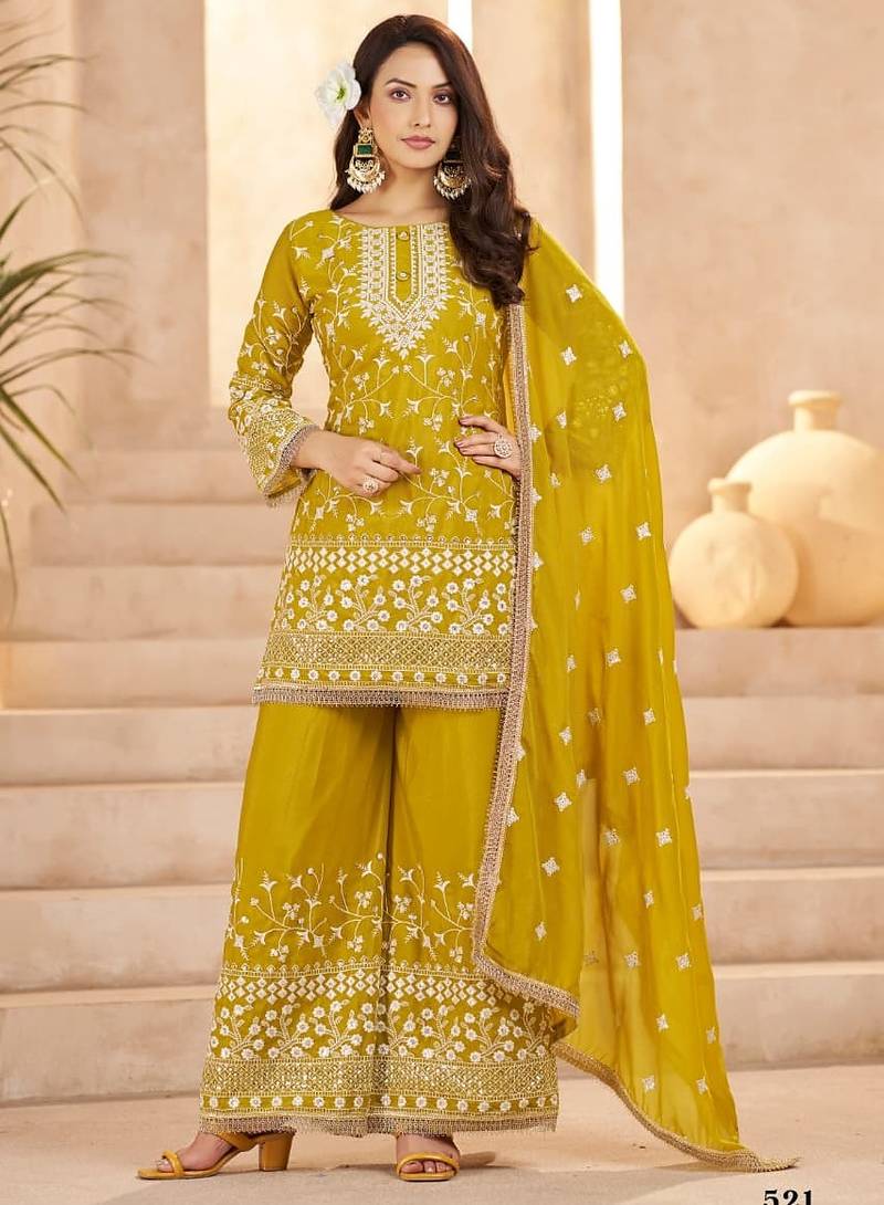 mustard yellow georgette cotton thread sequins work palazzo set -Full Stitched Free size