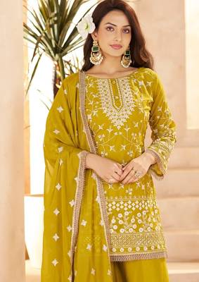 mustard yellow georgette cotton thread sequins work palazzo set -Full Stitched Free size 2