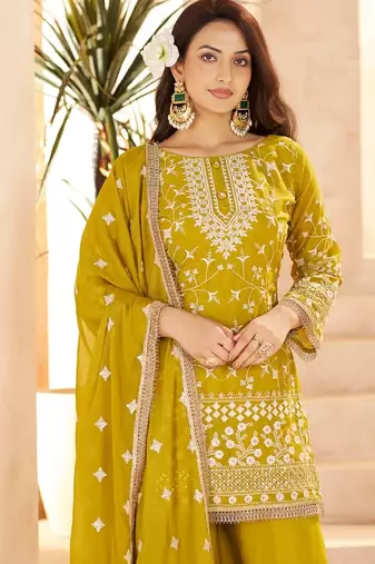 mustard yellow georgette cotton thread sequins work palazzo set -Full Stitched Free size