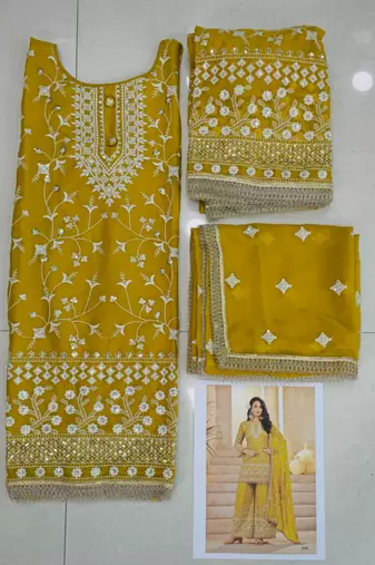 mustard yellow georgette cotton thread sequins work palazzo set -Full Stitched Free size