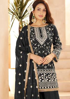 black georgette cotton thread sequins work palazzo set-Full Stitched Free size 2