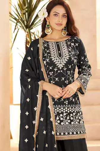 black georgette cotton thread sequins work palazzo set-Full Stitched Free size