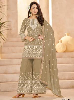 beige georgette cotton thread sequins work palazzo set-Full Stitched Free size 1