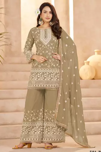beige georgette cotton thread sequins work palazzo set-Full Stitched Free size