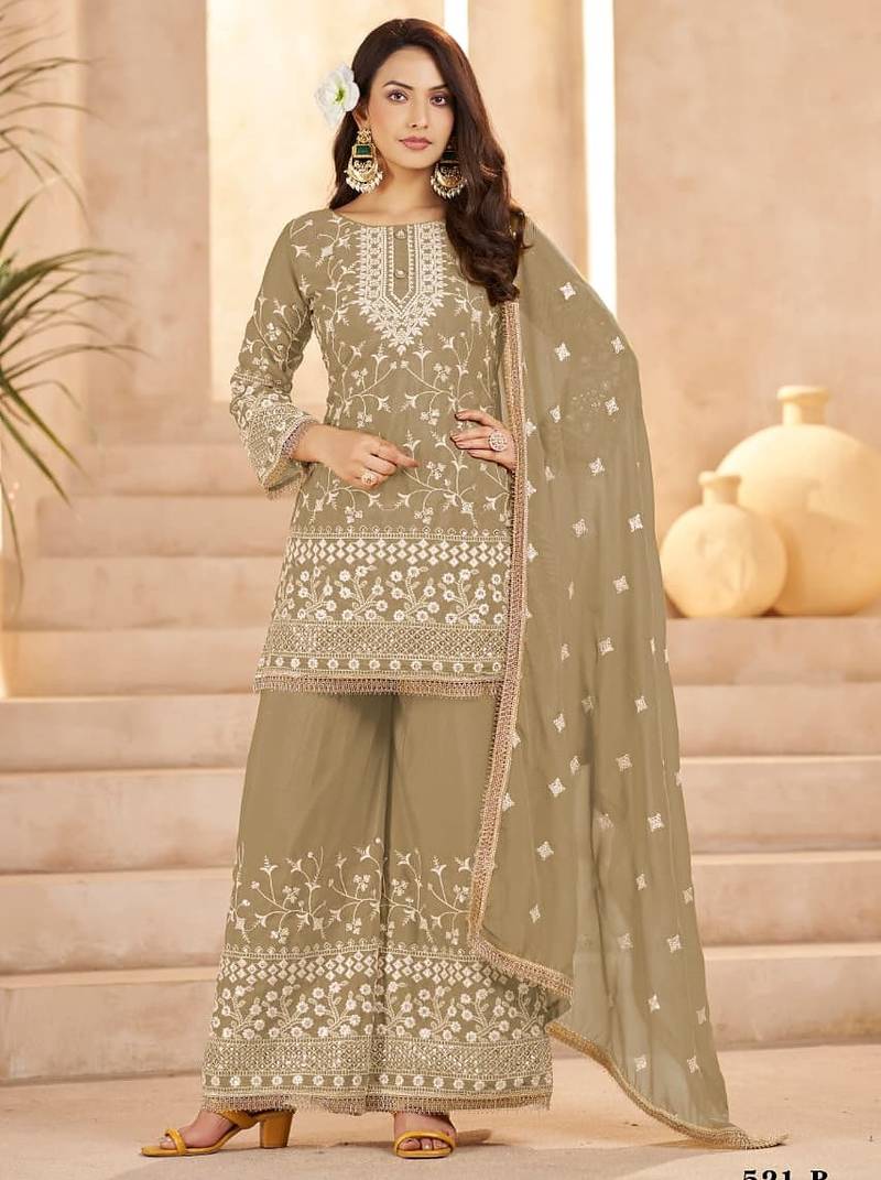 beige georgette cotton thread sequins work palazzo set-Full Stitched Free size