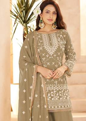 beige georgette cotton thread sequins work palazzo set-Full Stitched Free size 2