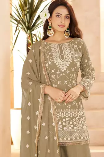 beige georgette cotton thread sequins work palazzo set-Full Stitched Free size