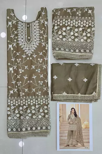 beige georgette cotton thread sequins work palazzo set-Full Stitched Free size