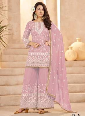 pink georgette cotton thread sequins work palazzo set-Full Stitched Free size 1