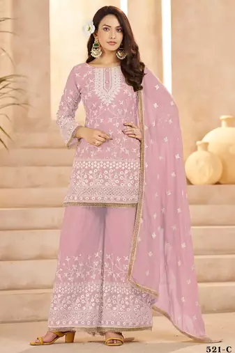 pink georgette cotton thread sequins work palazzo set-Full Stitched Free size