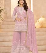 pink georgette cotton thread sequins work palazzo set-Full Stitched Free size
