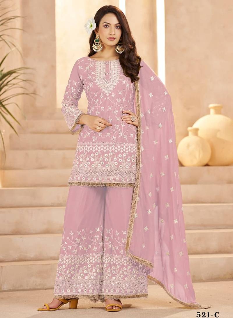 pink georgette cotton thread sequins work palazzo set-Full Stitched Free size