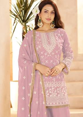 pink georgette cotton thread sequins work palazzo set-Full Stitched Free size 2