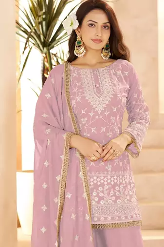 pink georgette cotton thread sequins work palazzo set-Full Stitched Free size