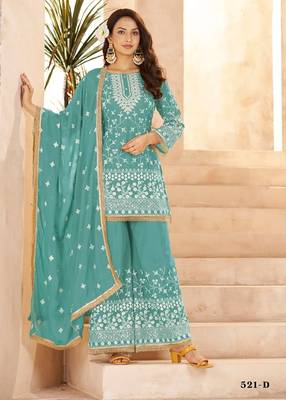 aqua blue georgette cotton thread sequins work palazzo set-Full Stitched Free size 1