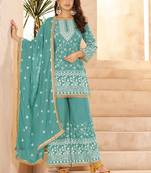 aqua blue georgette cotton thread sequins work palazzo set-Full Stitched Free size
