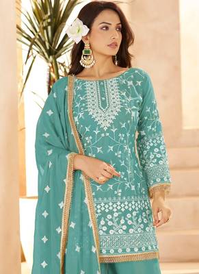 aqua blue georgette cotton thread sequins work palazzo set-Full Stitched Free size 2