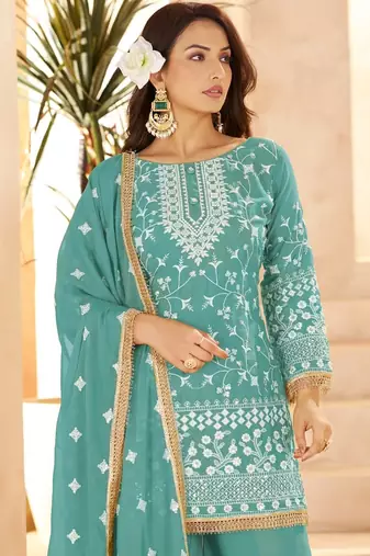 aqua blue georgette cotton thread sequins work palazzo set-Full Stitched Free size