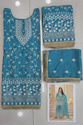aqua blue georgette cotton thread sequins work palazzo set-Full Stitched Free size 3