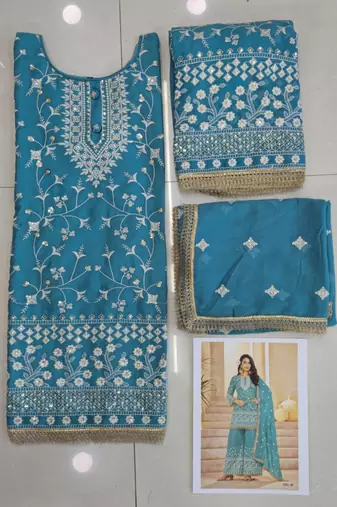 aqua blue georgette cotton thread sequins work palazzo set-Full Stitched Free size