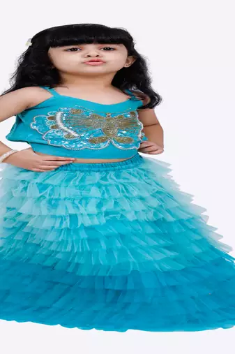 Elaisha woven sleeveless placement embroidered top with net lehenga-blue