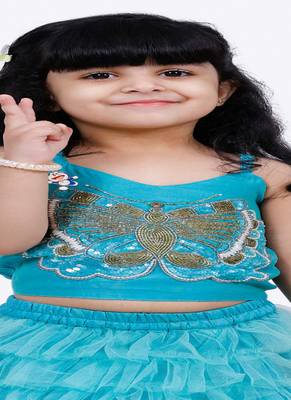 Elaisha woven sleeveless placement embroidered top with net lehenga-blue 5
