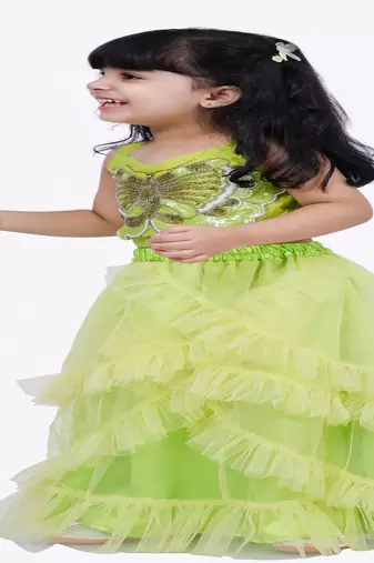 Elaisha woven sleeveless placement embroidered top with net lehenga-limegreen