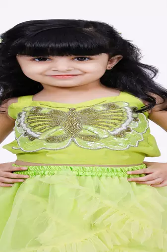 Elaisha woven sleeveless placement embroidered top with net lehenga-limegreen