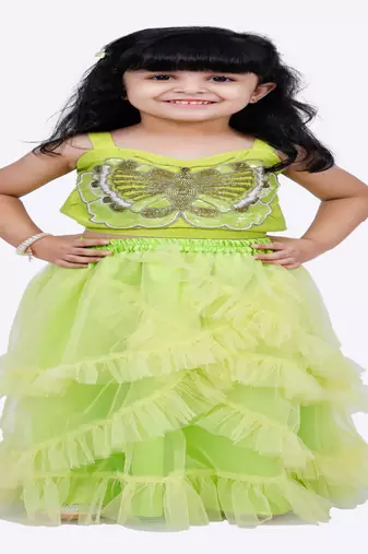 Elaisha woven sleeveless placement embroidered top with net lehenga-limegreen