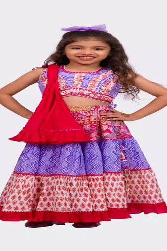 Elaisha woven cotton sleeveless all over printed top with printed lehenga-lavender & pink