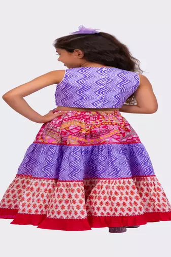 Elaisha woven cotton sleeveless all over printed top with printed lehenga-lavender & pink