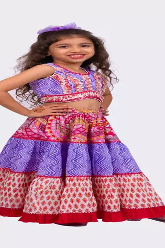 Elaisha woven cotton sleeveless all over printed top with printed lehenga-lavender & pink